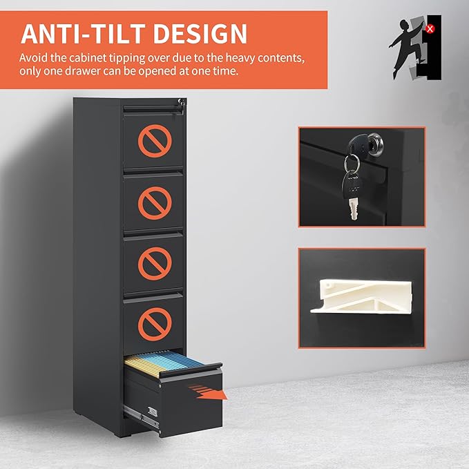 5 Drawer File Cabinet,Metal Filing Cabinets for Home Office,Vertical File Cabinet with Lock,Heavy Duty Metal Storage Cabinet for A4/Letter/Legal Size Files,Assembly Required