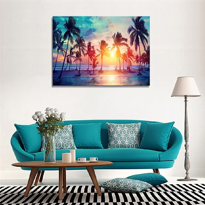 DZL Art S75569 Canvas Wall Art Palm Trees Silhouettes On Tropical Beach At Sunset Beach Seascape Painting Nature Pictures for Living Room Home Office Wall Decor Artwork