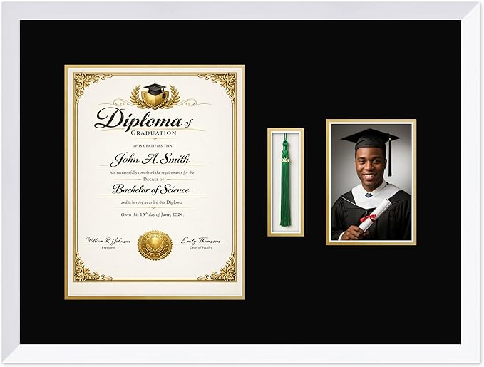 CountryArtHouse Diploma Tassel and Photo Shadowbox Fits 10 x 13 College Diploma (Portrait Traditional) Wit Bright White Genuine Hardwood with Black Over Metallic Gold Double mat