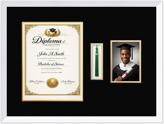 CountryArtHouse Diploma Tassel and Photo Shadowbox Fits 10 x 13 College Diploma (Portrait Traditional) Wit Bright White Genuine Hardwood with Black Over Metallic Gold Double mat