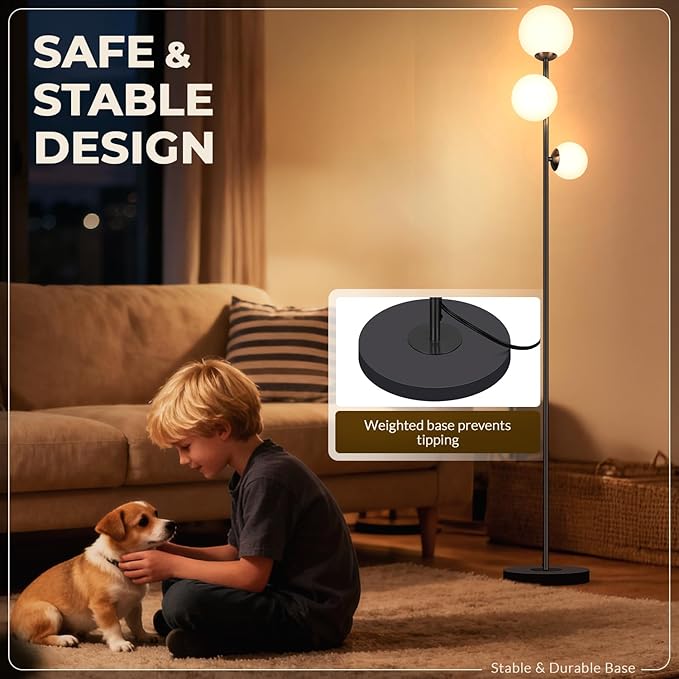 Soilsiu 3 Globe Floor Lamp - Mid Century Modern Standing Light with 3 Color Temperatures, LED Bulbs, Frosted Glass Shades for Living Room (Black)