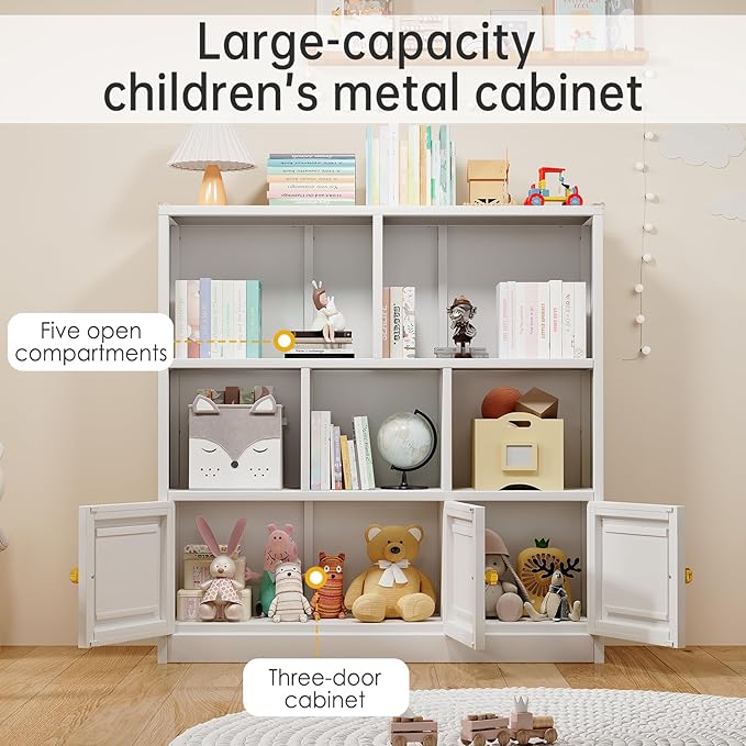 Kids Bookshelf and Toy Storage Organizer with 3 Cabinet and 5 Open Cubbies，Kids Toys Storage Organizer Shelf with Corner Guard，Multifunctional Floor Chest for Playroom and Kid's Room（White）