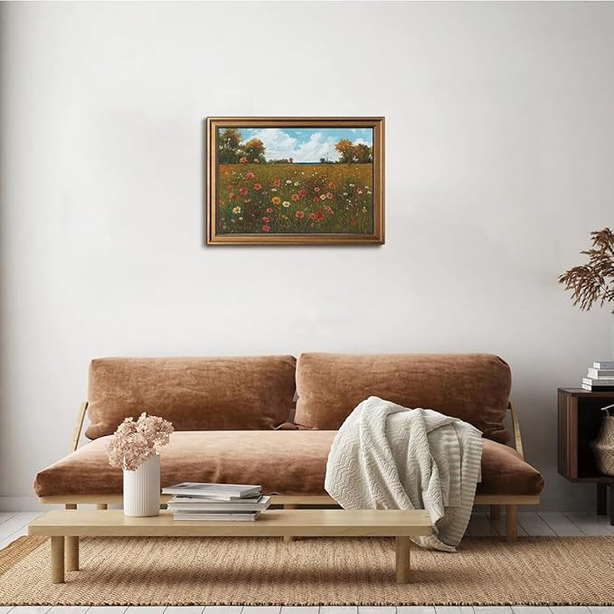 Gold Framed Wall Art Vintage Floral Canvas Wall Art Floral Countryside Blooming Wildflowers Artwork Prints Picture for Living Room Bedroom Farmhouse Bathroom Office Decor, 16x24