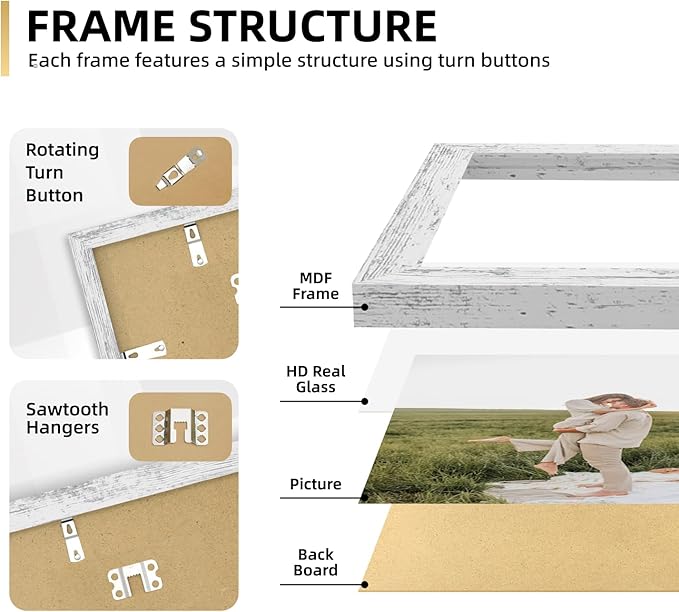 iRahmen Collage Picture Frames Set of 10, Wall Decor for Mounting or Tabletop Display, Family Photo Gallery Frame Set - Multi Sizes Including Two 8x10, Four 5x7, Four 4x6, HD Glass, Rustic Wood