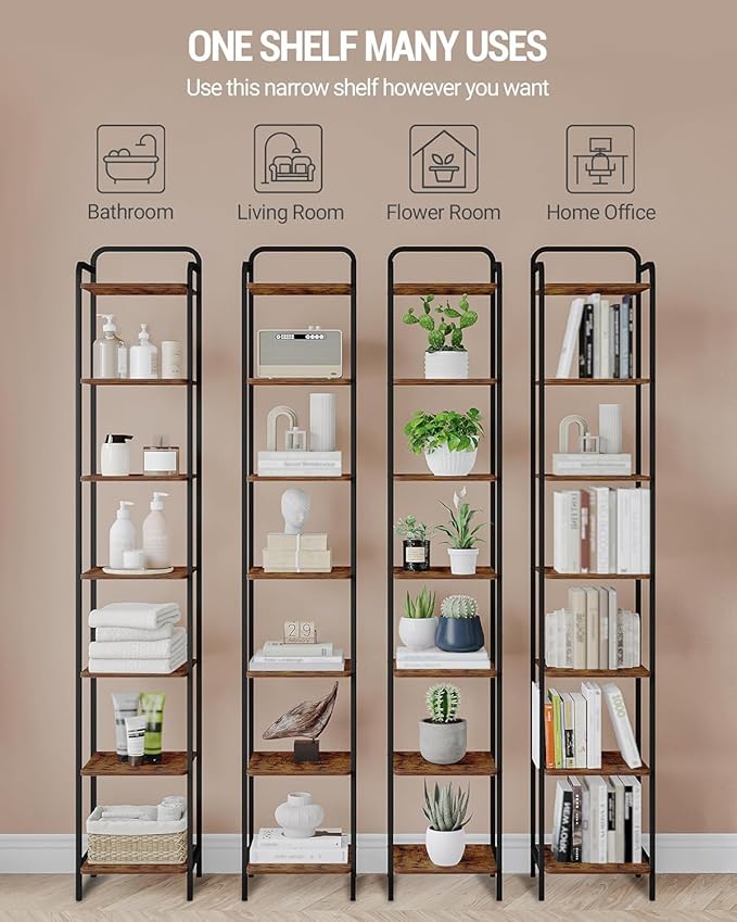 Bookcase Bookshelf, Narrow Book Shelf, Industrial Corner Shelf Storage Organizer, Slim Shelving Unit for Home Office, Living Room, Bedroom, Kitchen, 7-Tier Rustic Brown and Black BC24701B