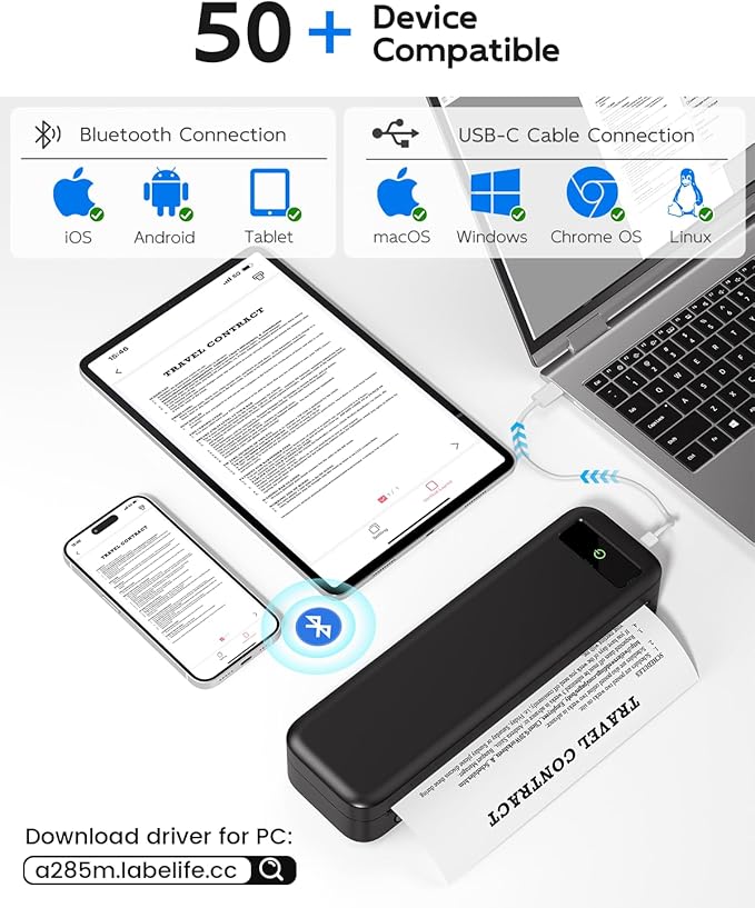 Portable Printers Wireless for Travel, A285M Bluetooth Inkless Thermal Printer Support 8.5" X 11" US Letter, Mobile Printer for Phone Laptop, with Case & 4 Rolls Thermal Paper, for Home Office Receipt