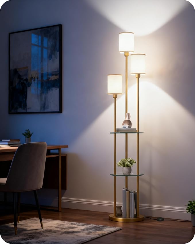 Floor Lamp with Shelves, Modern Floor Lamp with 3 Linen Shades and Foot Switch, 3-Light Standing Lamp, for Living Room, Bedroom, Study, Office, Gold and Beige ED53LD05