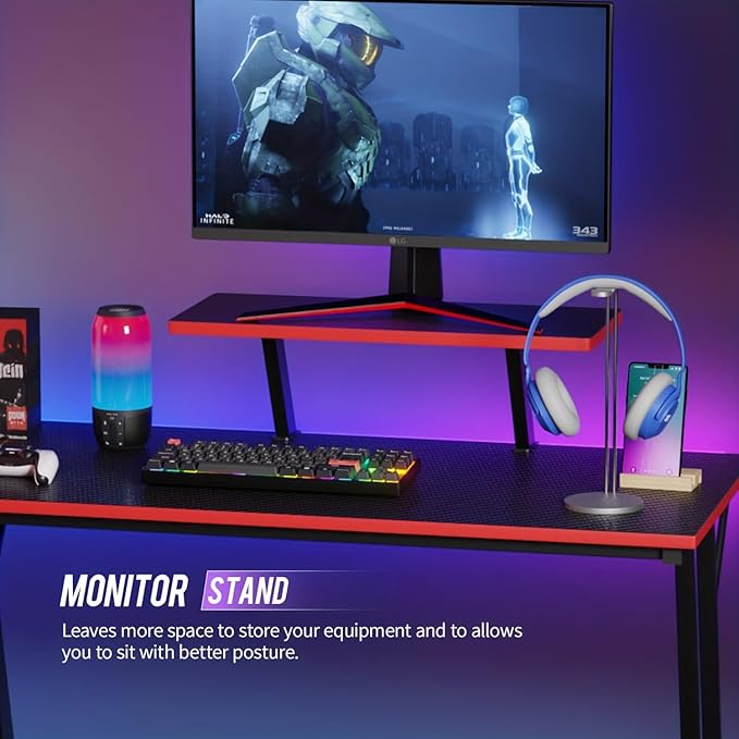 Home Office Desk 50 Inches, Corner Computer Desk, L Shape Desk, Gaming Desk with Large Monitor Stand and Carbon Fiber Surface, Home Office Study Writing Workstation, Black