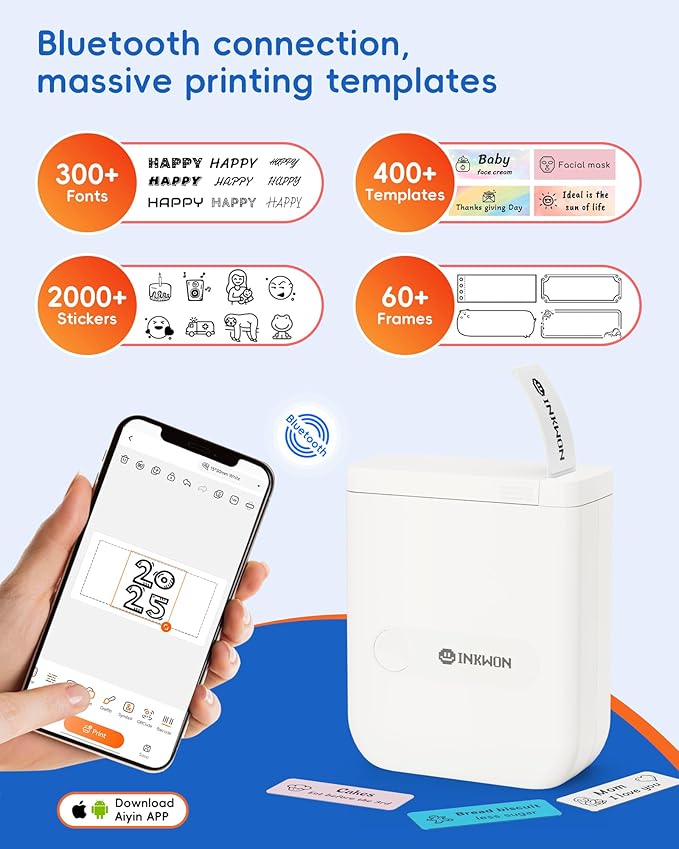 D110 Label Maker Machine with Tape, Bluetooth Mini Label Maker with Various Templates, Wireless Portable Small Label Printer for Home, Office, School, White