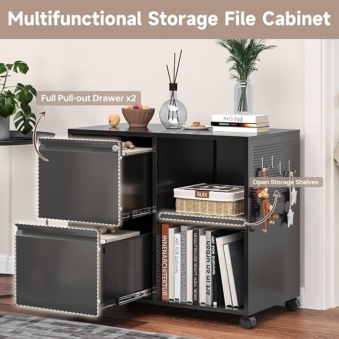 2 Drawer File Cabinet for Home Office, Rolling File Cabinets with Lock, Under Desk Metal Filing Caninet with Wheels for A4 / F4 / Letter/File Box, Black-Assembly Required