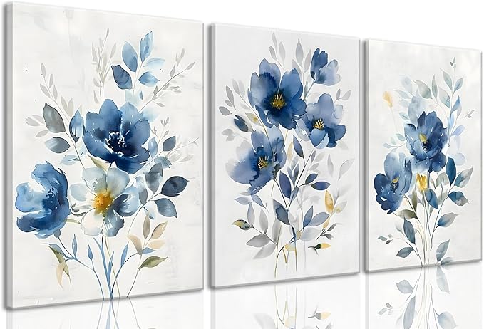 KISSFOX Framed Colorful Wildflower Blue Canvas Wall Art Set Of 3 Flowers Pictures Prints Flowers Printing Floral Watercolors Flower wall Decor Living Room Girls Bedroom Bathroom