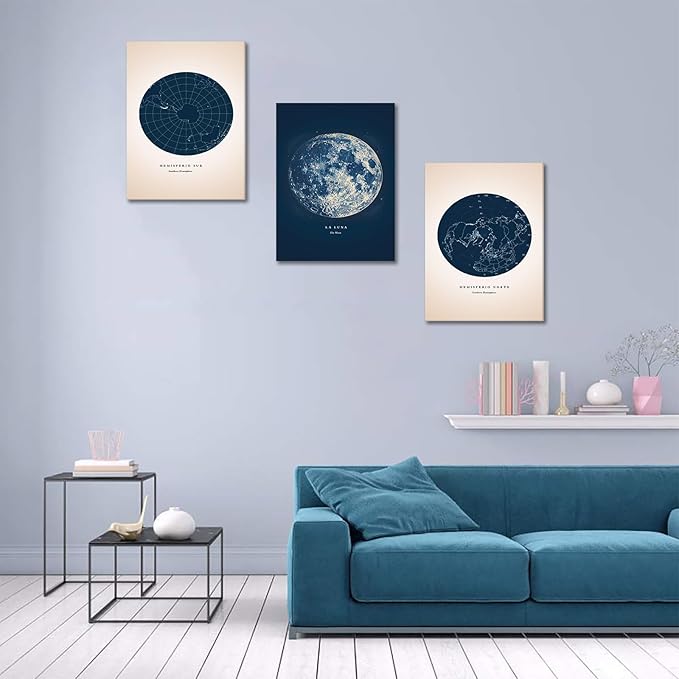 3 Piece Wall Art for Living Room - Astronomy Canvas Painting Star Map Print Constellation Pictures Moon Poster Nautical Wall Decor Navy Blue Artwork Framed for Bedroom Home Office, 12x16inx3Pcs