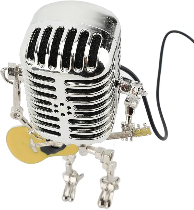 ZJchao Vintage Microphone Guitar Robot Table Lamp Aluminum Retro Metal Robot Night Light for Bedroom Desk Home Decor (Yellow)