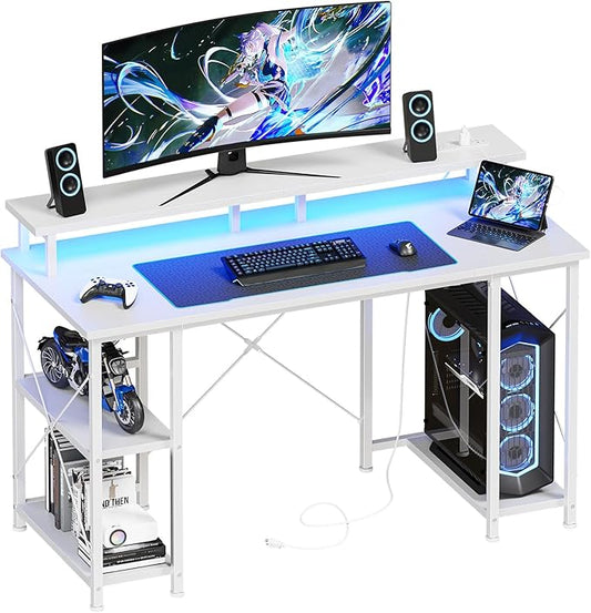 DUMOS Gaming Desk 48 inch Computer Office Desks with LED Lights Power Outlets, Monitor Stand Storage Shelves, Ergonomic White Office Table for Home Gaming Station
