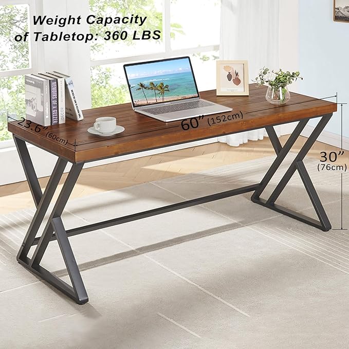 Real Wood Computer Desk, Home Office Solid Wood Writing Desk, Farmhouse Long Natural Wood Executive Work Desk, Industrial Rustic Wooden Metal PC Gaming Office Table Workstation, Brown, 60 in