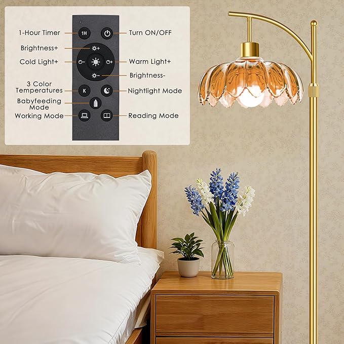 Arc Floor Lamp with Remote: Dimmable LED Gold Floor Lamps for Living Room Bedroom Office, Vintage Flower Adjustable Tall Reading Lamps Floor Standing for Housewarming Gifts