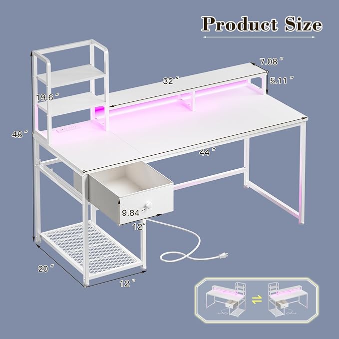 44 Inch Small White Computer Desk with Drawers and Hutch,Reversible Home Office Desk with Monitor Shelf,Gaming Desks with USB Power Outlets&Storage,Writing Table for Bedroom with LED Lights,White