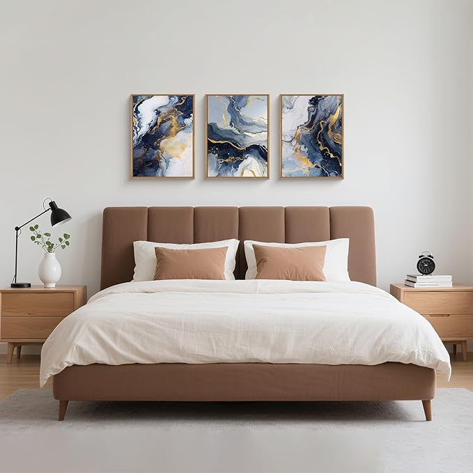 Abstract Navy Blue Framed Canvas Wall Art,Modern Gold Geometric Wall Decor,Vintage Ink Wash Painting,Neutral White Wave Artwork for Living Room,Bedroom,Dining Room,Office - 12"x16"x3