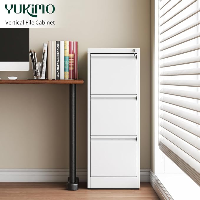 3 Drawer File Cabinet with Lock, Metal Vertical File Cabinets for Home Office, Office Furniture for Organization Hanging Legal/Letter/A4, Office File Cabinet Storage Cabinet, Require Assembly, White