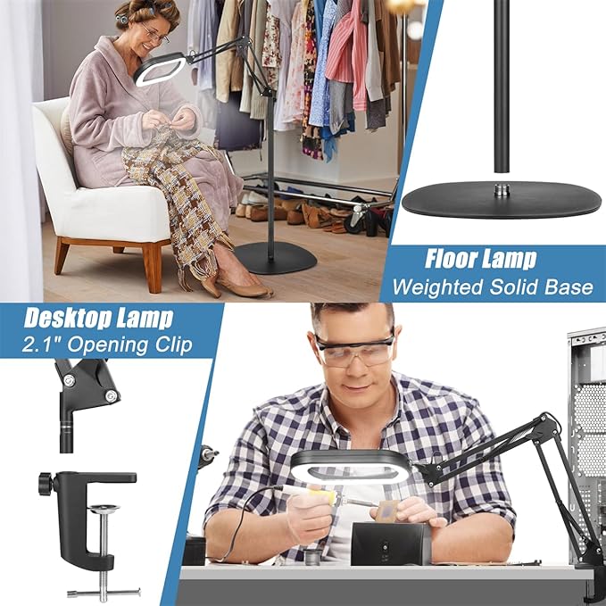 12X Magnifying Glass with Light and Stand, Real Glass Lens, 5 Color Modes LED Dimmable Lighted, 3-in-1 Floor Lamp with Clamp, Hands Free Magnifier for Reading, Craft Sewing Painting Close Work