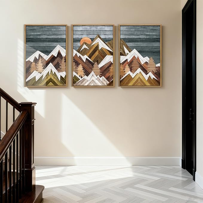 BINCUE Large Rustic Mountain Canvas Wall Picture,Boho Mountain Framed Wall Art,Vintage Landscape Artwork Nature Woodcut,Beige Sunrise Forest Art Prints for Office Living Room Bedroom 16''x24'' Set of 3