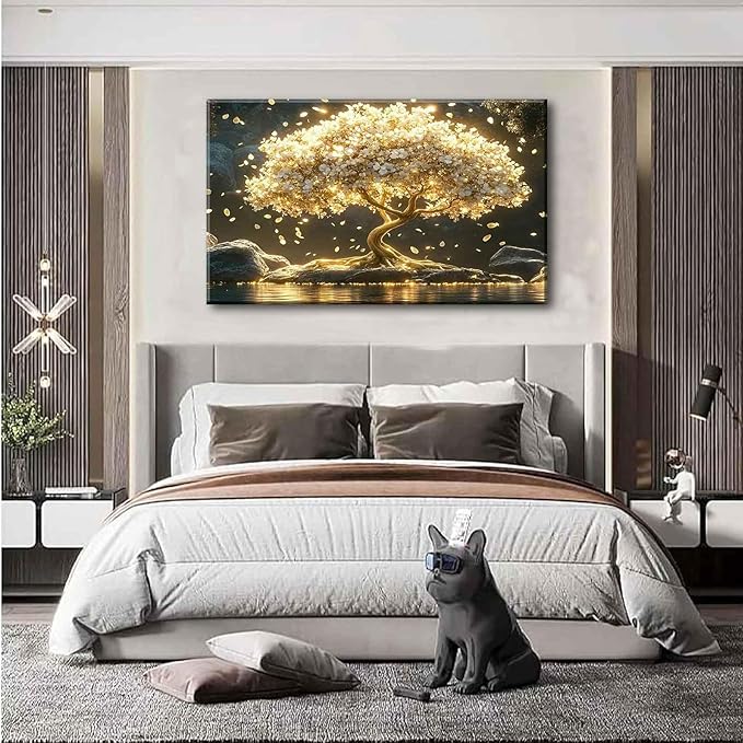 Large Tree of Life Canvas Wall Art Abstract Gold Tree Mountain Lake Decor painting Pictures Nordic Golden White Flowers Posters Prints for living room Bathroom Bedroom Office Hallway Home Decoration