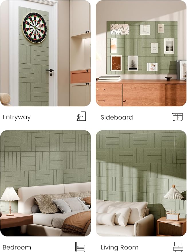 Bumusty Large Cork Board Alternative-48 x 36" Felt Bulletin Board Tiles, with 30 Pushpins, 70 Adhesive Tabs, 12-Pack Slat Wall Paneling, Cork Boards for Office Push Pin Board Felt Board-Sage