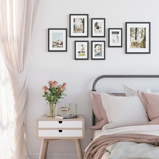 SONGMICS Picture Frames with 7 Mats, Set of 7 Collage Photo Frames, One 11x14, Two 8x10, Four 6x8 Frames, Hanging or Table Display, Glass, Black URPF37BK