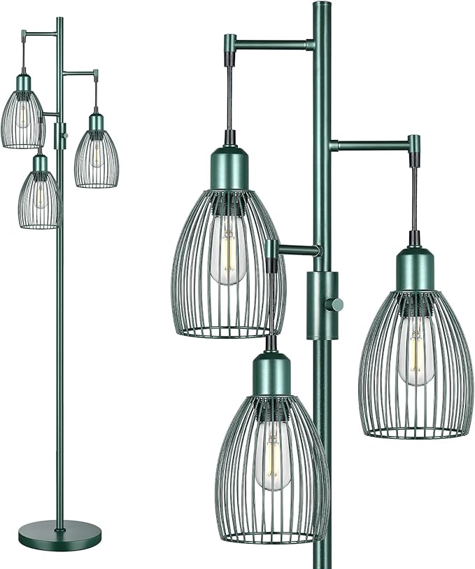 Torondo Dimmable Industrial Floor Lamps for Living Room, Green Tree Standing Tall Lamps with 3 Elegant Teardrop Cage Head & 800 Lumens LED Bulbs for Bedroom Office