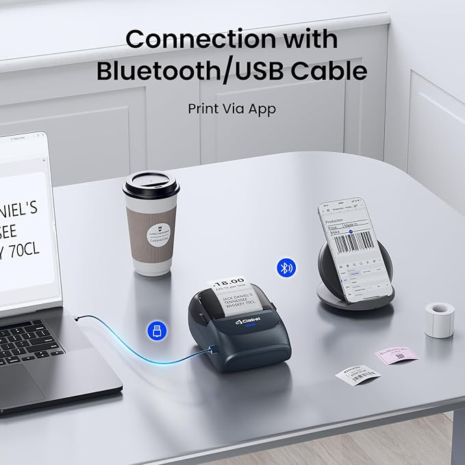 CLABEL Label Maker Machine with Tape, 221B Thermal Bluetooth Label Printer 2 Inch Portable Barcode Inkless Sticker for Small Business, Retail Office,Office, Home, Came with 1 Roll Label (Blue)