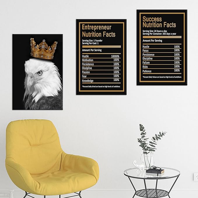 Motivational Wall Art 3 Piece Black Eagle Entrepreneur Nutrition Facts Inspirational Poster Canvas Prints Artwork for Home Teens Room Office Painting Pictures Stretched and Framed [48''Hx24''W]