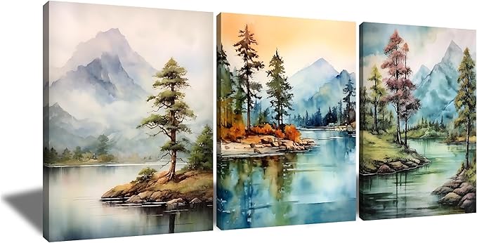 Landscape Canvas Wall Art Watercolor Green Forest Lakes Poster Print Mountain Range Picture Painting Artwork for Modern Home Bedroom Bathroom Wall Decoration Stretched and Framed [36''W x 16''H]