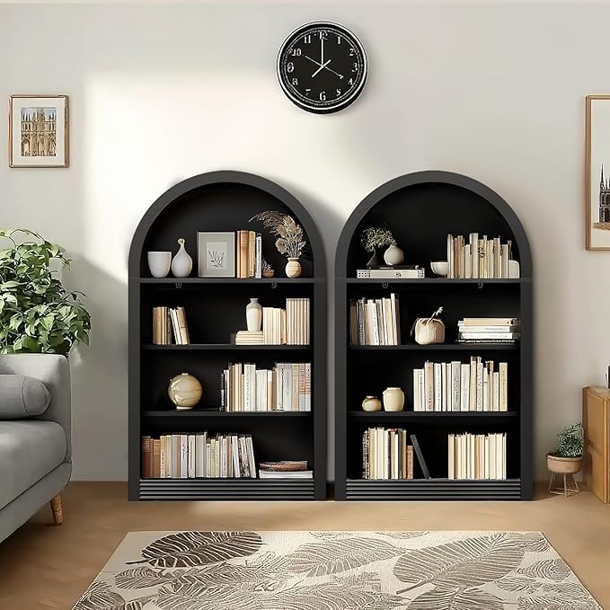 Bookcase, 4-Tier Tall Bookshelf, 47.6" Wood Open Display Floor Arched Book Shelf, Large Storage Organizer for Bedroom and Living Room Black
