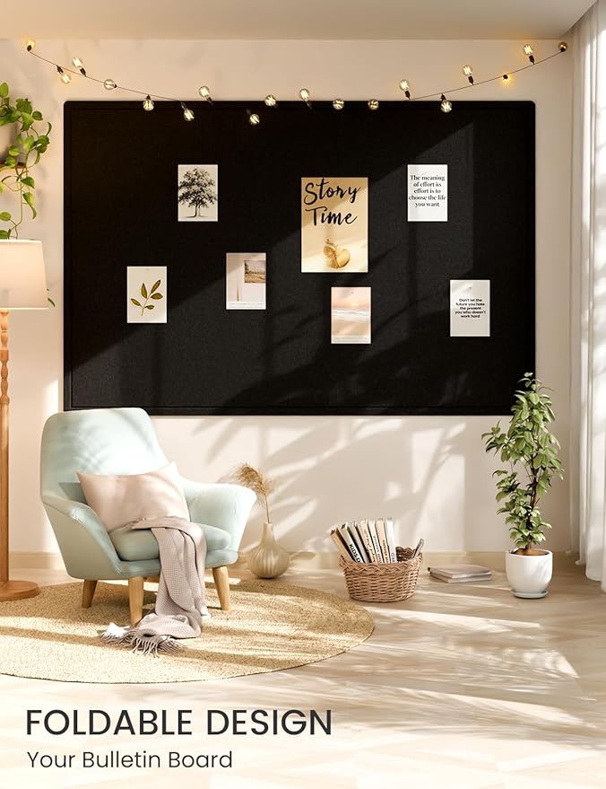 Fluxynara Large Bulletin Board, 70.8" x 47.2" Cork Board Alternative with 48 Safe Removable Adhesive Tabs, Foldable Felt Pin Board for Home Office, Classroom, Bedroom,Entryway for Walls— Black