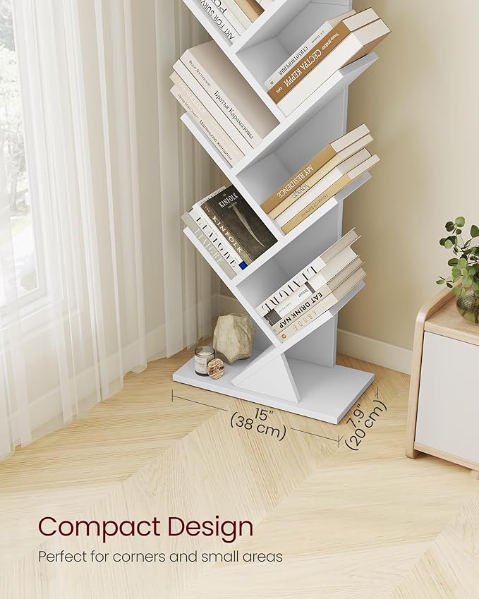 VASAGLE Custos Collection - Tree Bookshelf, Modern Bookcase, Floor Standing Book Shelf, for Bedroom, Living Room, Home Office, 7.9 x 15 x 45.4 Inches, Cloud White ULBC609W01
