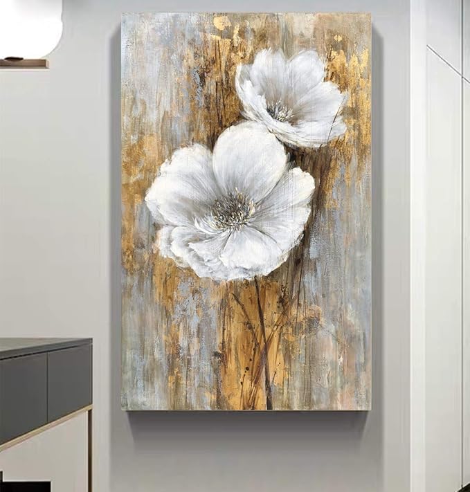 Yihui Arts White Floral Wall Pictures Vertical Lily Bouquet Flower Oil Painting Artwork for Living Room Bedroom Hallway Decor
