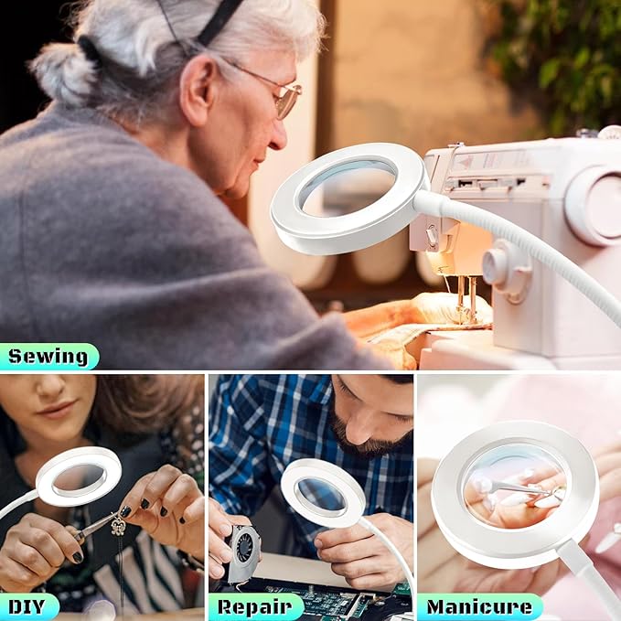 10X Magnifying Glass with Light, Clip on Mganifier with Light, 48 LED Desk Magnifying Glass wtih Clamp, 3 Modes Dimmable Magnifying LED Lamps for Bed Work Crafts DIY Repair White
