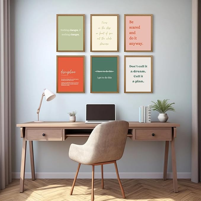 Office Wall Art Motivational Posters Inspirational Quote Canvas Wall Decor Office Positive Pictures Inspirational Classroom Art Motivational Work Prints for Gym Home 12x16 Inch Framed Set of 6