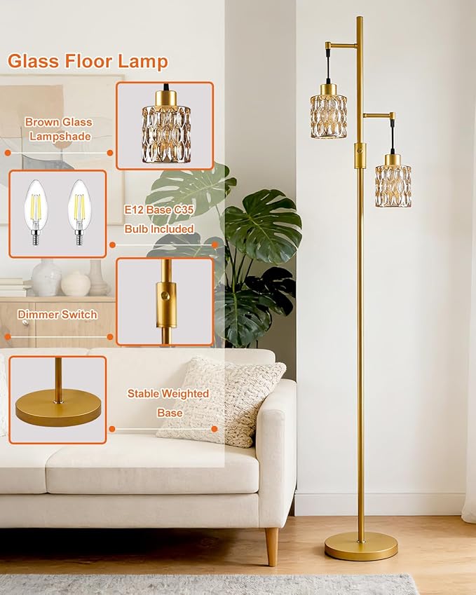 Lightdot 65IN Industrial Gold Floor Lamp for Living Room, 2- Light Dimmable Brown Glass Floor Lamps with 3000K Warm White Bulbs, Modern Farmhouse Tree Standing Tall Lamp for Bedroom Office Home Decor