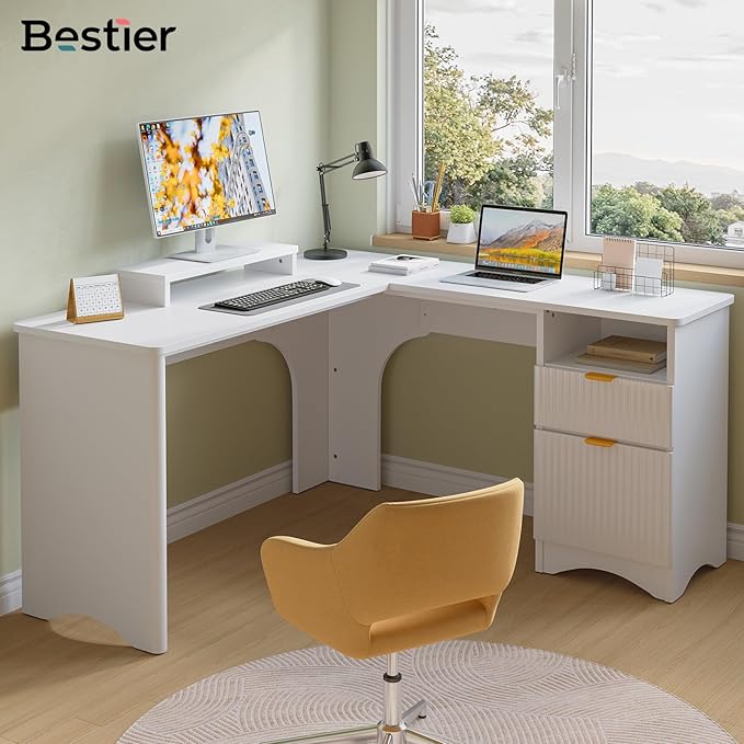 Bestier L Shaped Desk with File Drawer, 55.7" x 55" Office Computer Desk with Round Corners, Modern Desk with Monitor Stand & Fluted Panels for Home Office, White