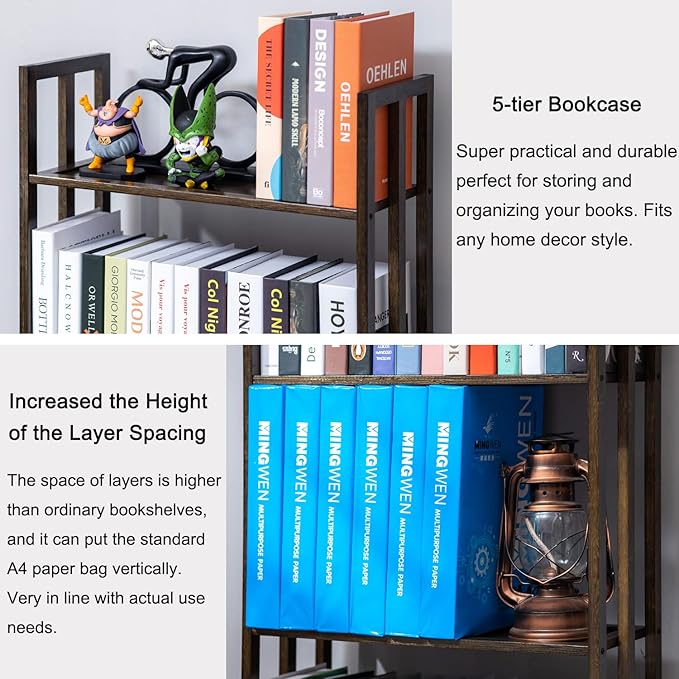 COPREE 5 Tier Bookshelf, Bamboo Space-Saving Tall Book Shelves,Walnut-Colored Freestanding Narrow Book Rack Organizer Shelving Unit Storage for Small Space, Living Room, Bedroom and Office