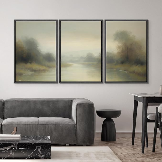 SIGNWIN Framed Wall Art Print Set Misty River Landscape Soft Neutral Nature Scene Photography Modern Art Closeup Relax/Calm Dark for Living Room, Bedroom, Office - 24"x36"x3 Black