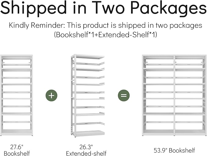 Large 5 Shelf Bookcase, Metal 5 Tier Bookshelf with Bookends, 54 Inch Wide Book Case, Tall Book Shelf Organizer, White Bookcases for Library, Home Office, School, Clinic-Assemble Required