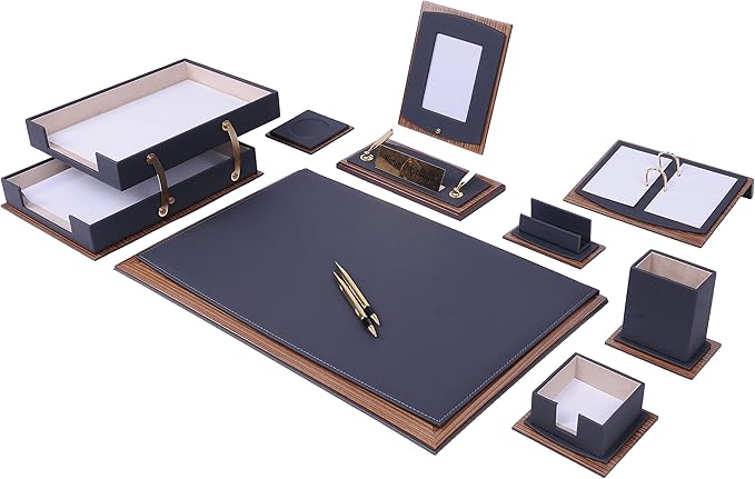 Leather Desk Set - Leather Organizer Desk Set - Walnut Wood Desk Set - Office Product - Office Desk Accessories - Home Office Accessories - Desk Supplies - Desk Accessories Set - 11 PCS (Gray)