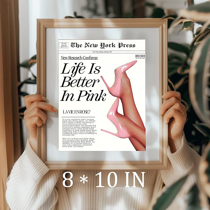 uniro Life Is Better In Pink Poster, Vintage Newspaper Teen Girl Room Wall Decor, Pink Prints For Room, Girly Bedroom Decor, Newspaper Wall Art - 8x10 Unframed