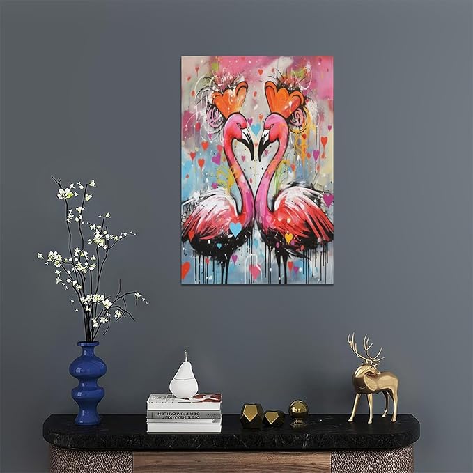 yerretin Flamingo Wall Art Banksy Graffiti Pictures Wall Decor Pink Canvas Painting Modern Home Decoration Artwork for Bathroom Bedroom Living Room Office Framed 16"x24"
