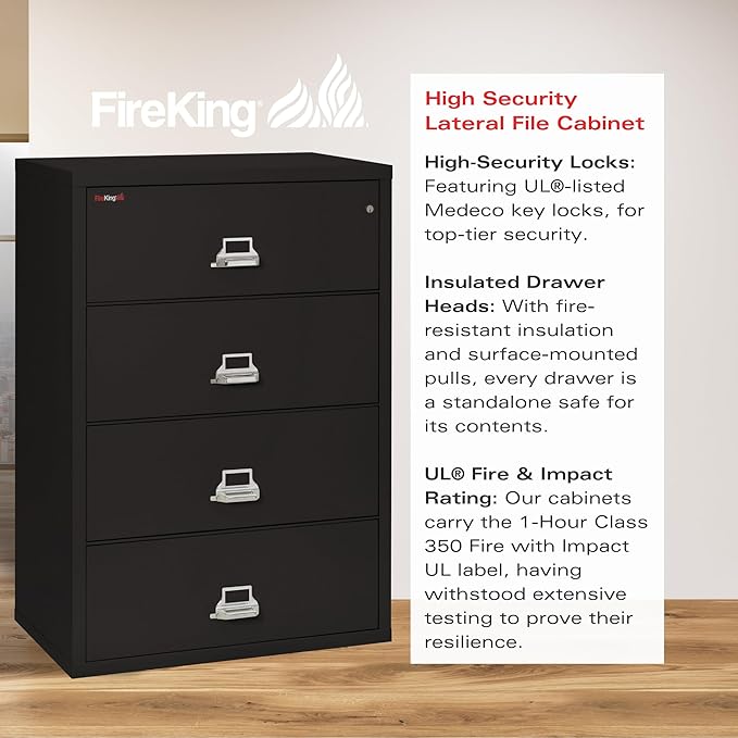 FireKing Fireproof Lateral File Cabinet (4 Drawers, Impact Resistant, Water Resistant), 38" W x 22" D, Black, Made in USA