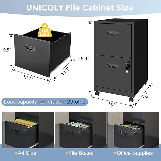 2 Drawer File Cabinet with Lock, Filing Cabinets with Wheels, Rolling File Cabinets for Home Office, Metal Office File Cabinet, for Holding Letters and File Boxes, Assembly Required, Black