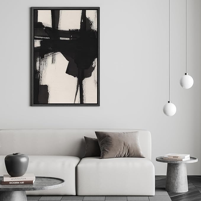 SIGNFORD Framed Canvas Print Wall Art Bold Black and White Abstract Expression Illustrations Digital Art Modern Art Decorative Multicolor Rustic Minimal for Bedroom - 24"x36" BLACK