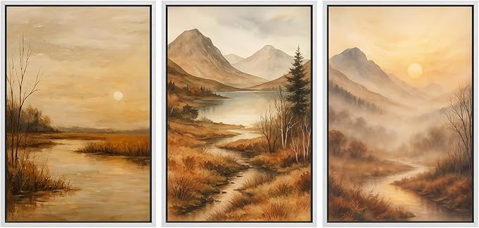 SIGNFORD Framed Wall Art Print Set Golden Hour Mountain River Serene Nature Landscape Digital Art Modern Art Contemporary for Living Room, Bedroom, Office - 16"x24"x3 White